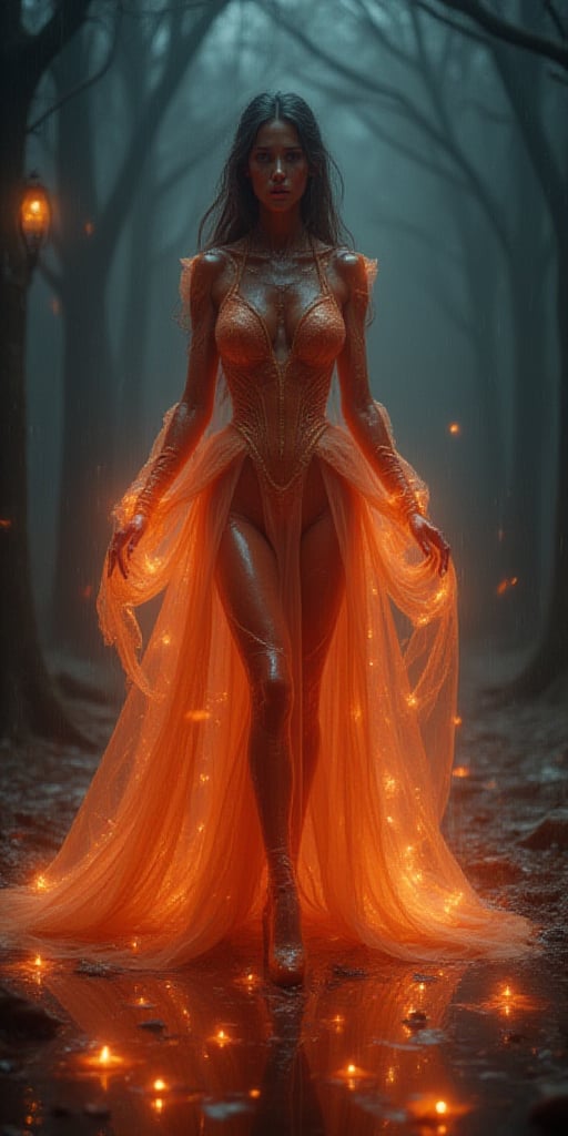 
a portrait of female classical ballet prima ballerina dancing in the rain, a full body picture ((anatomically correct: 1.5)) of a exquisite beautiful female dancer wearing silk evening dress, intricate dress, (dress is on fire: 1.3), dynamic hair color, dynamic hair style, dynamic skin complexion, wearing ballet shoes, wearing thigh highs, ((she is standing in the middle of the rain storm: 1.5)),  she is wet, yet enjoys the dance in the rain, cloudy night, lightning storm, dynamic background, vibrant, Ultra-high resolution, High Contrast, (masterpiece:1.5), highest quality, Best aesthetics), best details, best quality, highres, 16k, (ultra detailed: 1.5), masterpiece, best quality, (extremely detailed) RAW, (ultra details, Masterpiece, best quality), Cinematic Hollywood Film, artxldnc, 