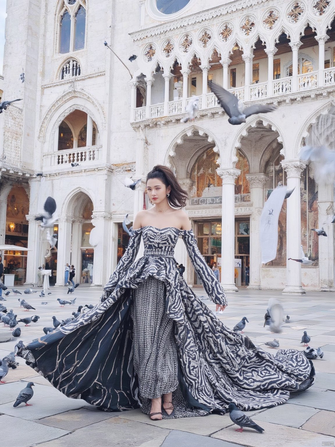 This is a high-resolution photograph capturing a stunning scene in Venice, Italy. The central subject is a woman standing in the Piazza San Marco, the city's main square, surrounded by a lively flock of pigeons. The woman is dressed in a striking, floor-length gown with a bold, black-and-white striped pattern that fans out dramatically, creating a dynamic and elegant contrast against the pigeons. Her attire is form-fitting, with long sleeves and a high neckline, and she wears her hair pulled back in a sleek, sophisticated style.The background features the iconic Gothic architecture of the Basilica di San Marco, characterized by its intricate white stone carvings and pointed arches. The façade of the basilica is adorned with decorative elements, including arched windows and a series of intricate tracery patterns. The pigeons are scattered around the woman, some in mid-flight, adding a sense of motion and liveliness to the scene.The ground is a polished, smooth stone surface, reflecting the light and enhancing the overall vibrant and dynamic feel of the image. The photograph captures a moment of elegance and natural beauty, blending the historical and the contemporary in a harmonious and visually striking composition.