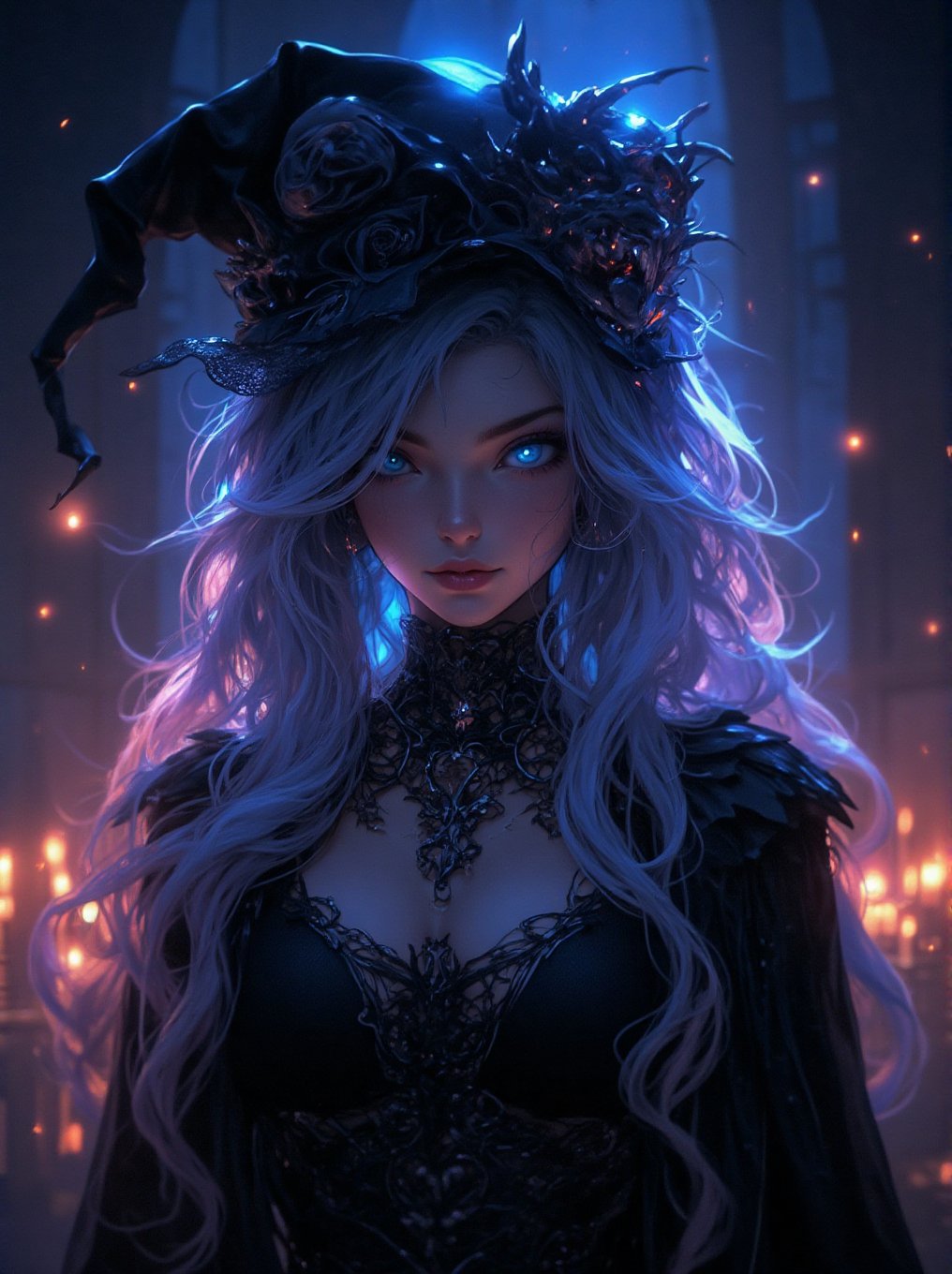 a beautiful young witch being a phosphorescent interior designer, pale skin, fullbody, fantasy, luminescent lighting, highly detailed, 8k, MidnightWitch