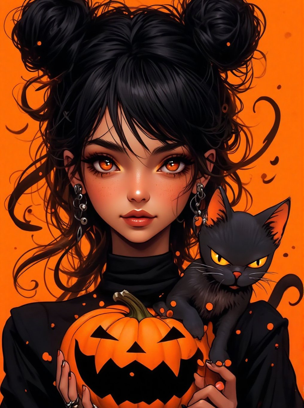 American comic book style digital illustration of a Halloween witch, vibrant colors with strong contrasts. Young woman with jet black hair styled in two messy buns, sharp bangs across forehead. Large, expressive eyes with bright orange irises, bold black eyeliner. Pale skin with a slight blush, small nose, and full lips with dark lipstick. Character wearing all black: high-necked sweater or top. Multiple ear piercings with small, silver earrings. Long, slender fingers with black nail polish, wrapped around a large, bright orange jack-o'-lantern pumpkin. Pumpkin features a classic carved face with triangular eyes and a wide, toothy grin. A sleek black cat with glowing orange eyes perched on the witch's shoulder, tail curling around her neck. Cat has pointed ears and a slightly annoyed expression. Background is a solid, warm orange color, creating a stark contrast with the predominantly black elements of the witch and her familiar. Art style: - Bold, black outlines around all figures and major elements - Flat color fills with strategic shading for depth and volume - Exaggerated facial features, especially the eyes - High contrast lighting with dramatic shadows - Simplified yet impactful details - Dynamic composition with slight angle to create visual interest Overall mood: Edgy, modern take on classic Halloween imagery with a touch of attitude and mystique. Blend of cute and slightly sinister elements.
, MidnightWitch