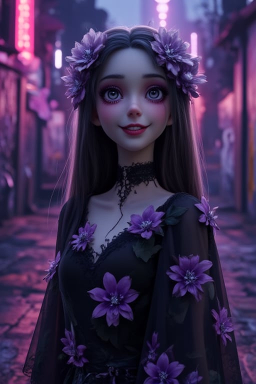 A cinematic medium shot of a stunning anime-style gothic girl in an urban setting. She wears a black dress adorned with intricate purple flower patterns, giving it a fashionable and mysterious edge. Her long, straight hair frames her face, which is framed with silver flowers. Her eyes sparkle with happiness, and her smile is both playful and enchanting. The background is a dark, cityscape with graffiti-filled walls and vibrant neon lights, creating a perfect contrast to the character's elegant outfit.A iluminação e as sombras criam uma atmosfera vibrante. O close-up captura os detalhes intrincados de suas características faciais. A iluminação de alto contraste acentua seus olhos.Iluminação e sombras DSLR profissionais,Vshorror