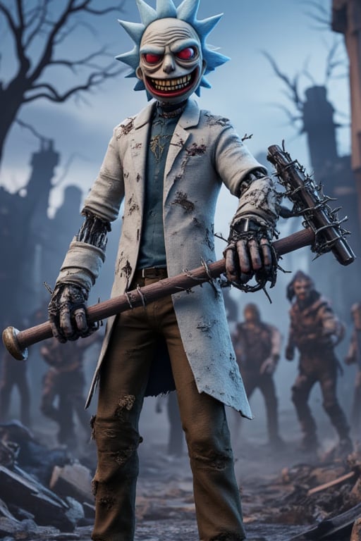 A hyper-realistic 3D rendering of a post-apocalyptic scene featuring Rick, a zombified bionic creation. Rick wears a tattered white coat, blue hair, and worn brown pants. He has a sinister smile and glowing red eyes. Rick holds a menacing iron baton with sharp barbed wires wrapped around the baton. The background is a desolate, bleak landscape with ruined structures and gnarled trees. A horde of zombies runs after Rick. The artist masterfully manipulates light and shadow, accentuating contrasting colors and elements.,Vshorror