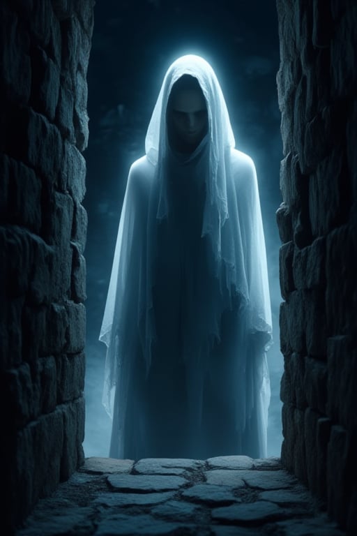 A dark fantasy cinematic shot of a ghostly figure shrouded in an ethereal cloak. The figure is peeking out from a narrow window in an ancient stone structure. The cloak emits a pale, translucent glow. The background is dark and shadowy. The ground below is made of worn stone tiles. The atmosphere of the image is mysterious and suspenseful. The lighting and shadows create a vibrant atmosphere. The close-up shot captures the intricate details of the figure's facial features. The high-contrast lighting emphasizes the figure's eyes.,Vshorror