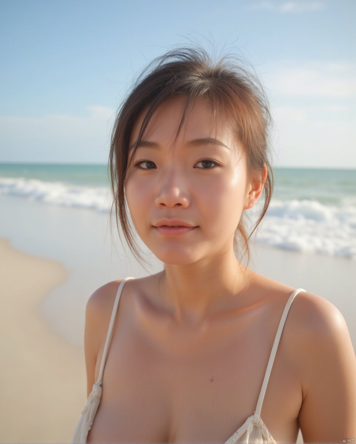 a GIRL takes a fisheye selfie on a beach at sunshine, the wind blowing through her messy hair. The sea stretches out behind her, creating a stunning aesthetic and atmosphere with a rating of 1.2, ((poakl)), poakl ggll girl
