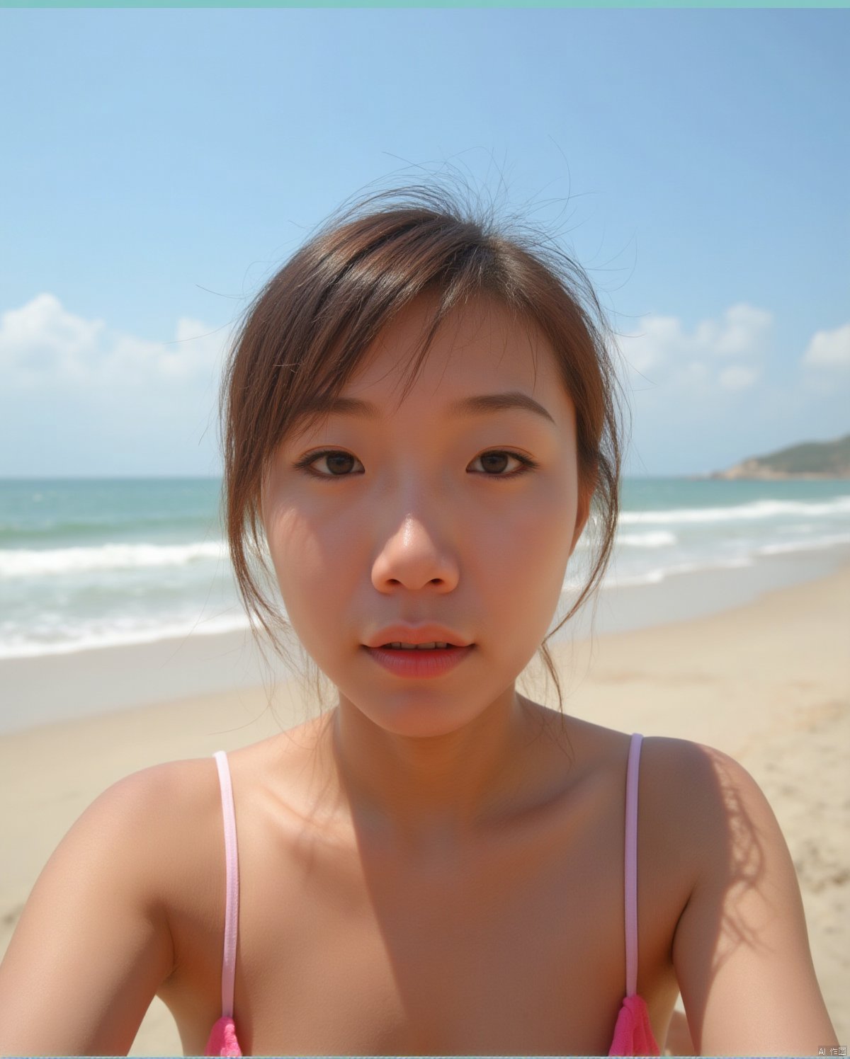 a GIRL takes a fisheye selfie on a beach at sunshine, the wind blowing through her messy hair. The sea stretches out behind her, creating a stunning aesthetic and atmosphere with a rating of 1.2, ((poakl)), poakl ggll girl
