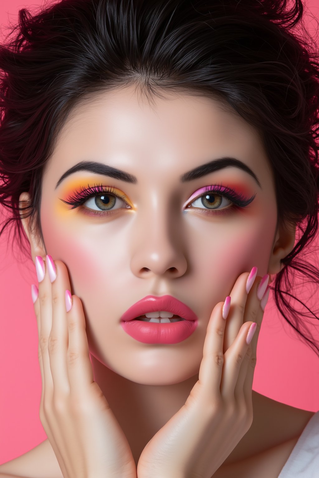 a close-up portrait of a young woman's face and upper body. She has dark hair styled in a messy updo with loose curls framing her face. Her makeup is bold and dramatic, with bright pink and yellow eyeshadow and pink lipstick. Her lips are painted a soft pink color and her nails are painted white. She is looking directly at the camera with a serious expression. The background is a solid pink color, making the woman the focal point of the image