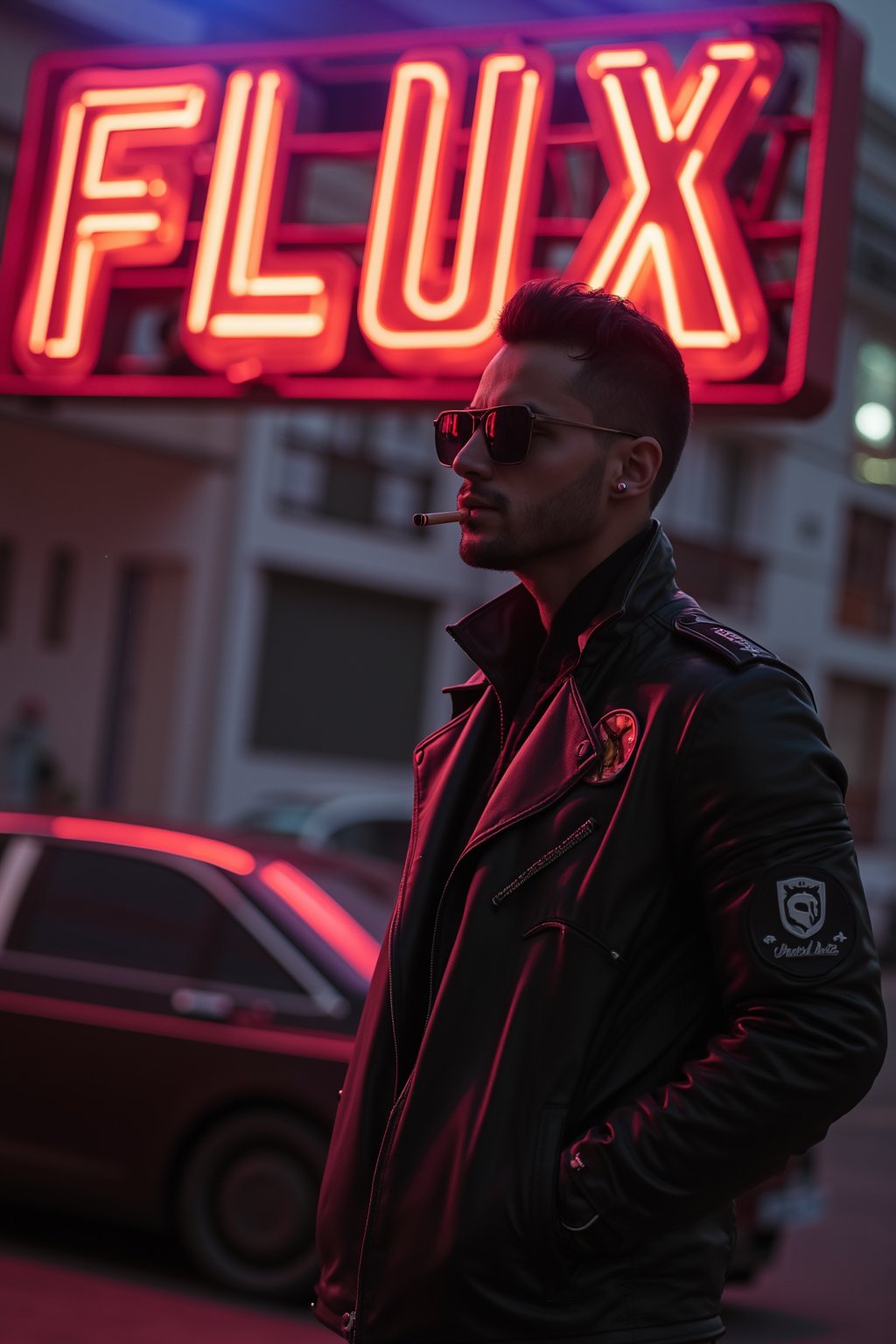 a man standing in front of a neon sign that reads "Flux". He is wearing a black leather jacket with a badge on the left side and sunglasses. He has a cigarette in his mouth and is looking off to the side. Behind him, there is a car parked on the side of the road. The street is wet and there are buildings in the background. The overall mood of the image is dark and gritty