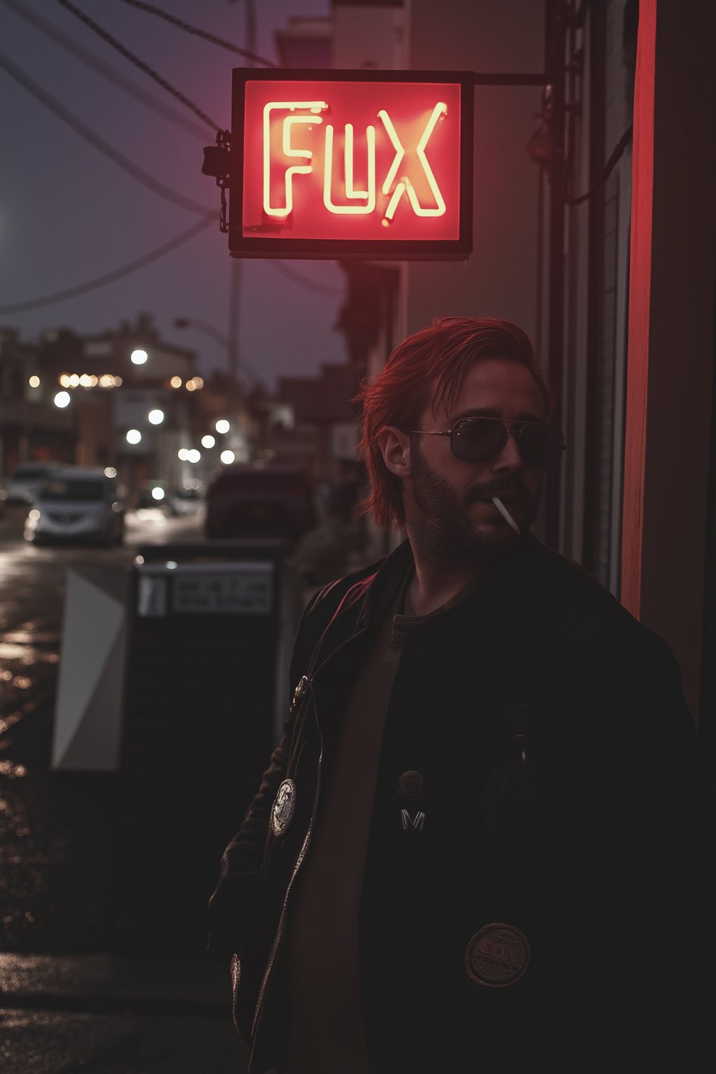 a man standing in front of a neon sign that reads "Flux". He is wearing a black leather jacket with a badge on the left side and sunglasses. He has a cigarette in his mouth and is looking off to the side. Behind him, there is a car parked on the side of the road. The street is wet and there are buildings in the background. The overall mood of the image is dark and gritty