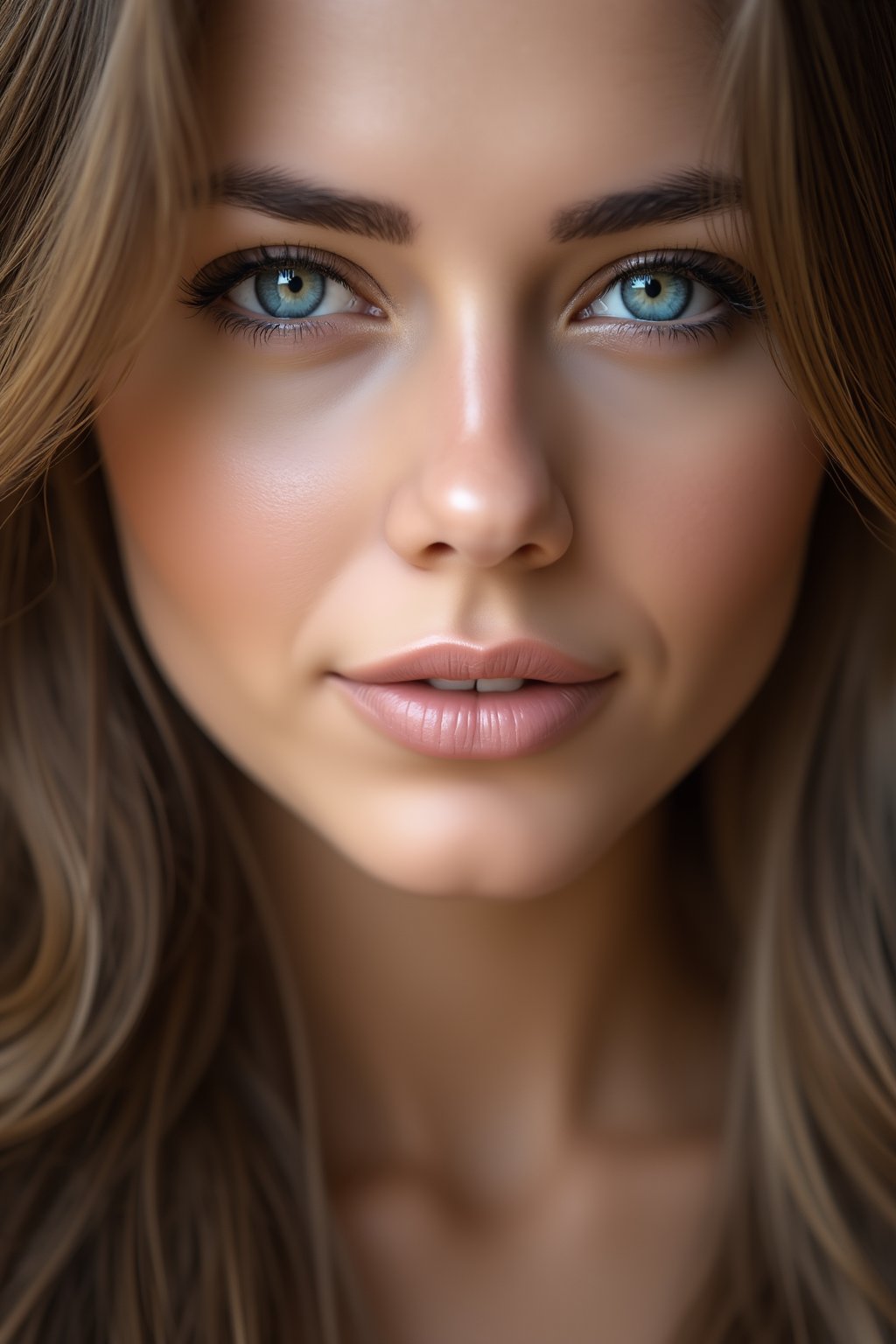 Close-up portrait of a beautiful model girl with flawless skin, wearing subtle makeup. She has long, wavy hair that cascades over her shoulders. Her eyes are a striking shade of blue, and she is looking directly into the camera with a soft, gentle smile. The background is blurred to focus entirely on her face, creating a professional and elegant look.