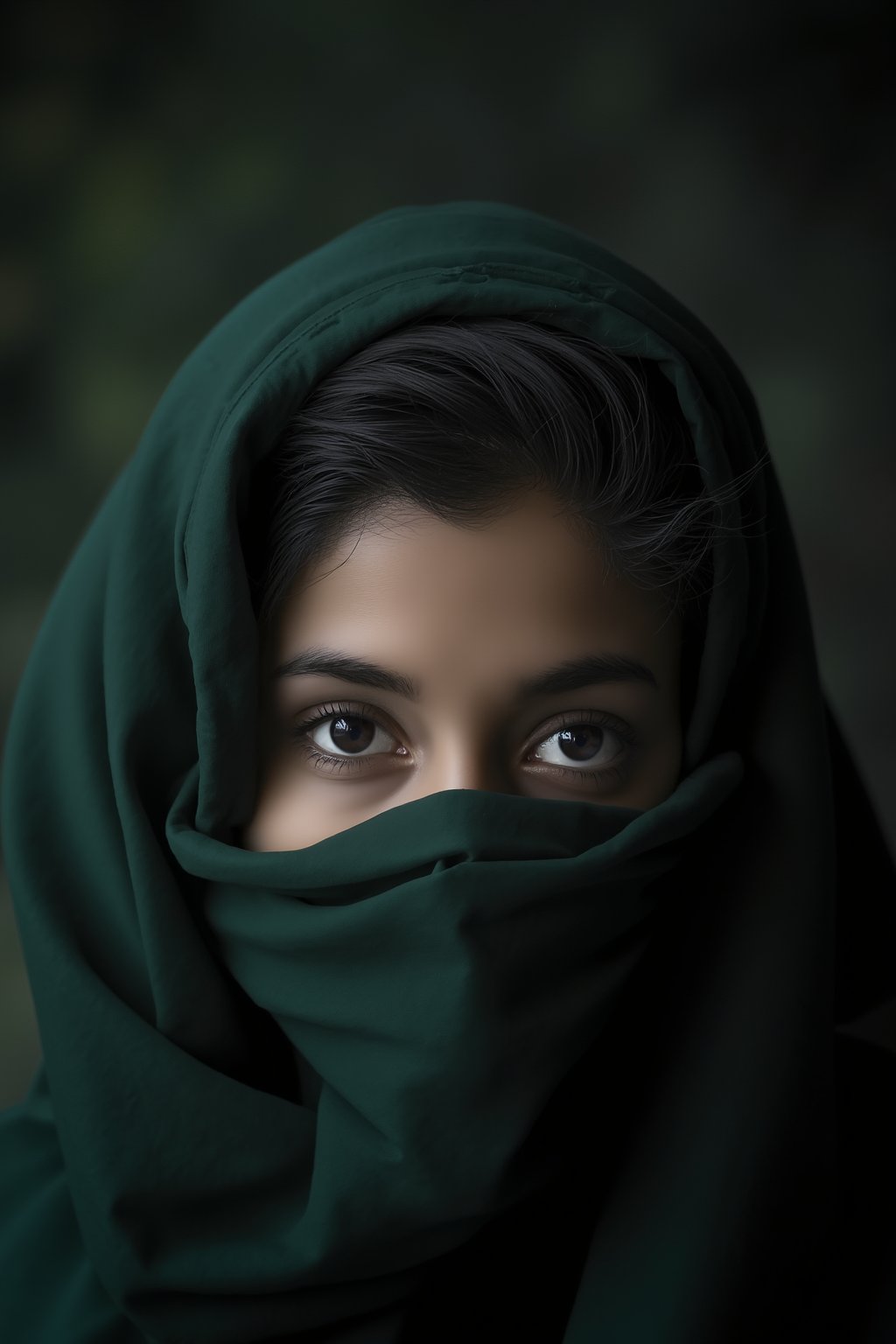 The image is a close-up portrait of a woman's face. She is wearing a green headscarf that covers her entire face. The scarf is covering her eyes and nose, and her face is partially obscured by the scarf. The woman's expression is serious and her eyes are looking directly at the camera. The background is dark and out of focus, making the woman the focal point of the image. The lighting is soft and natural, highlighting her features