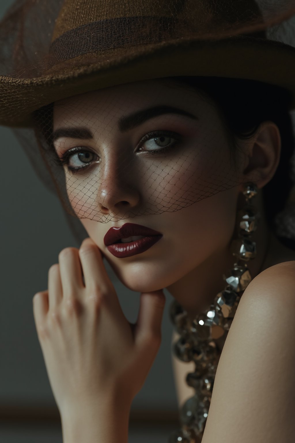 The image is a close-up portrait of a woman's face. She is wearing a brown hat with a veil covering her eyes and nose. The hat is tilted slightly to the side, and she is resting her chin on her hand. She has dark lipstick on and her lips are slightly parted. The woman is also wearing a necklace with a large pendant and several dangling earrings. The background is blurred, but it appears to be a room with a gray wall. The overall mood of the image is dark and mysterious