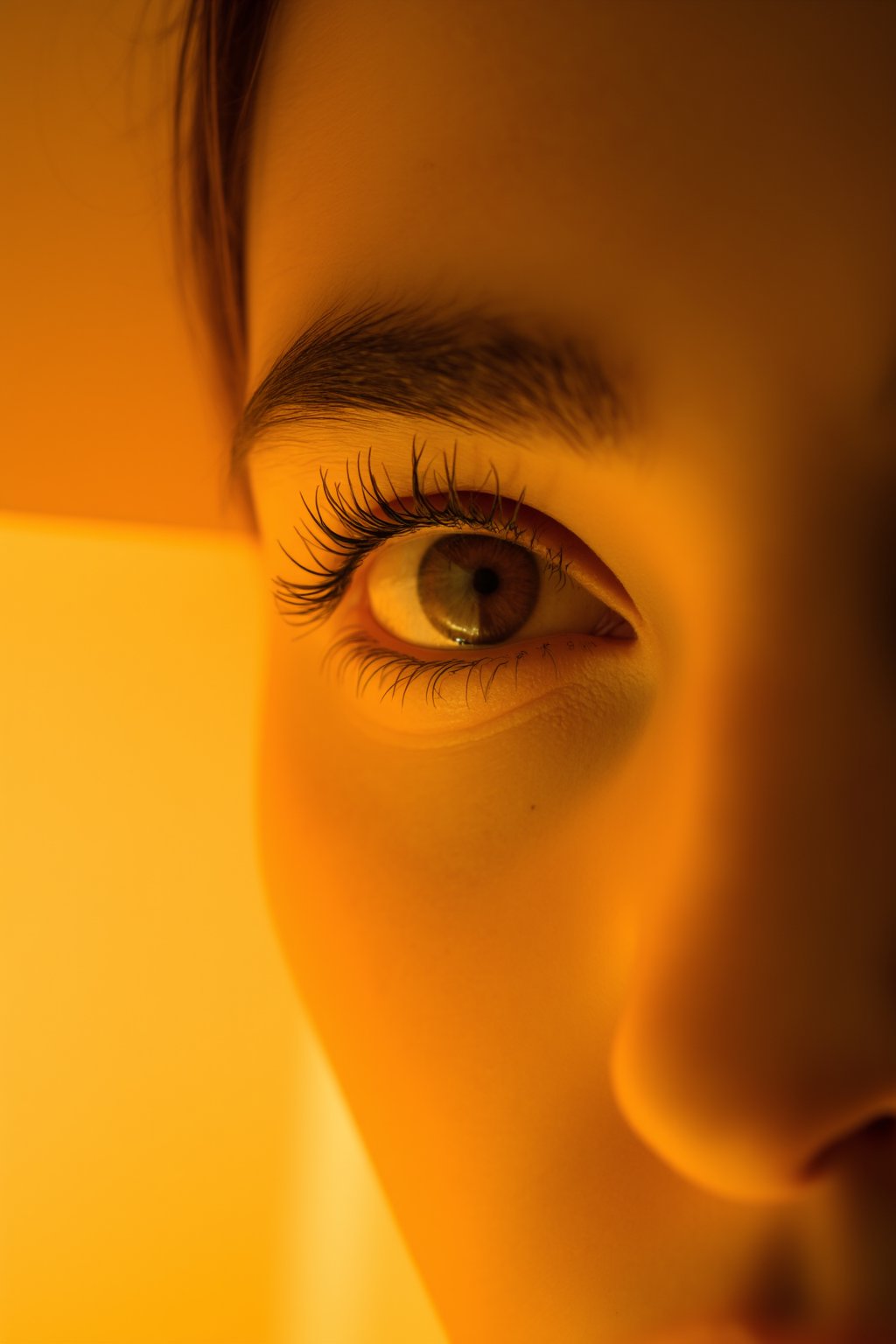 The image is a close-up portrait of a woman's face. The focus is on her eye, which is the focal point of the image. The eye is a deep brown color and is surrounded by long, dark eyelashes. The woman's lips are painted a bright orange color, and her nose is visible on the right side of the frame. The background is a warm, golden yellow, creating a contrast with the woman's skin. The image has a dreamy, ethereal quality to it, with the light shining down on her face and highlighting her features