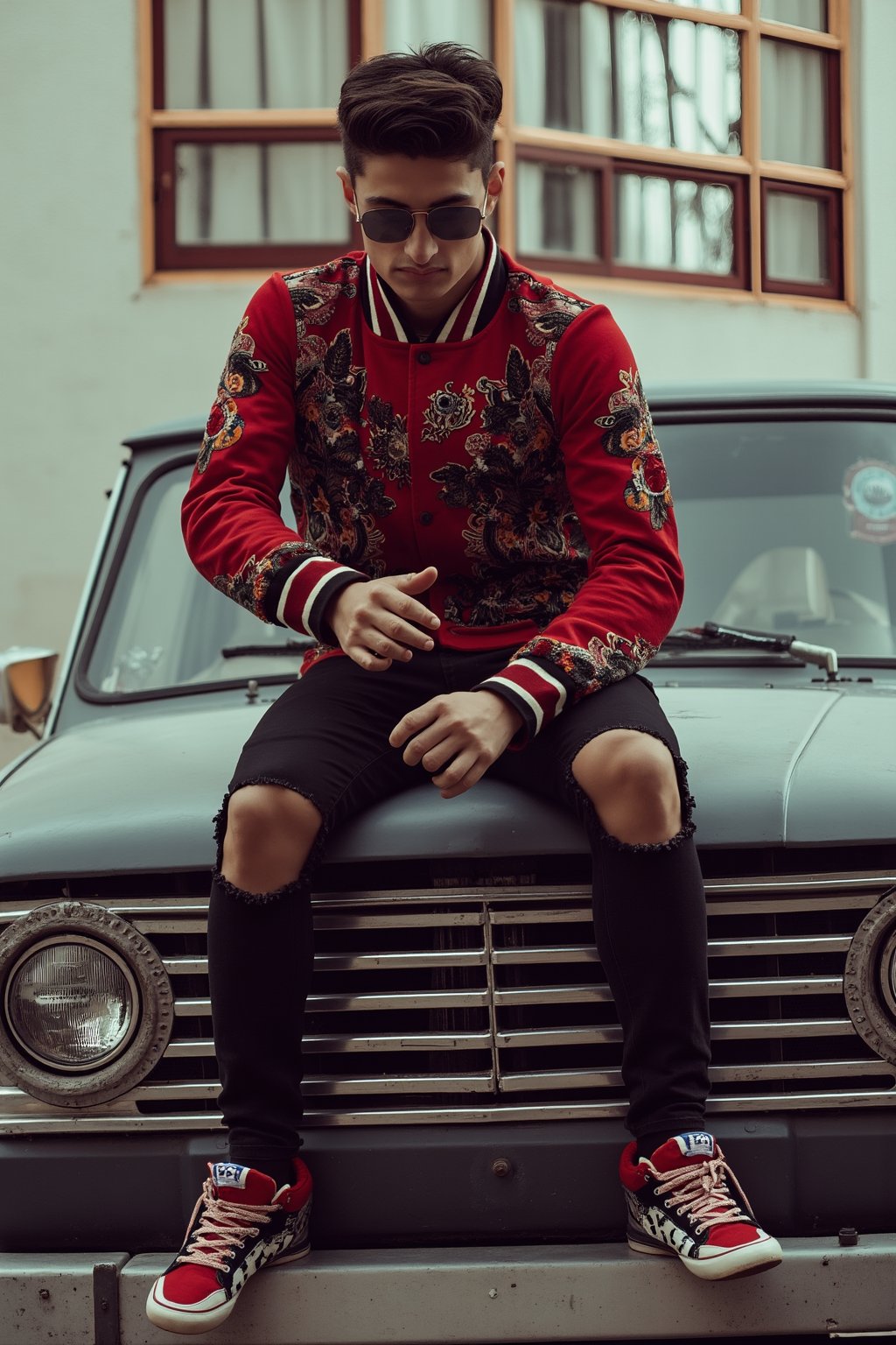 The image shows a young man sitting on the hood of a vintage car. He is wearing a red jacket with a floral pattern and black ripped jeans. He has a pair of red and white sneakers on his feet. The man is also wearing sunglasses and has his hands resting on his knees. The car is parked on a street with a building in the background. The overall mood of the image is casual and relaxed