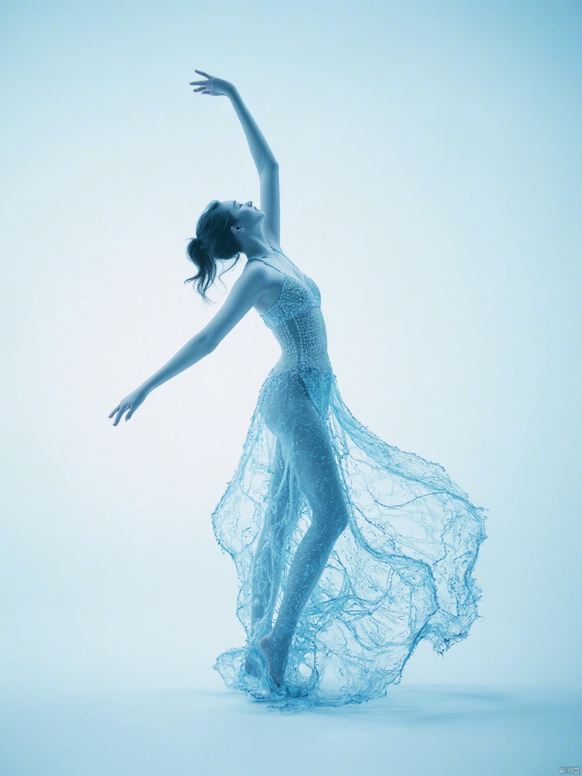 This is a highly detailed, digital artwork depicting a woman in a flowing dress made entirely of water. The woman's body is gracefully arched, with her arms extended outward and upwards, creating a sense of fluid motion. Her dress, which appears to be made of water droplets, billows and swirls around her, giving the illusion of a dynamic, ethereal dance. The dress is translucent, allowing glimpses of the woman's form beneath, which is slender and athletic.The background is a gradient of soft blues and whites, creating a cool, serene atmosphere that enhances the watery theme. The water droplets in the dress sparkle and glisten, catching the light and adding a sense of depth and texture. The droplets are depicted with a high level of realism, capturing the refractive quality of water and the way it reflects light.The overall style is highly detailed and photorealistic, with a focus on capturing the dynamic movement and fluidity of the water. The artwork evokes a sense of grace and beauty, with the woman's pose and the flowing dress creating a harmonious, almost otherworldly scene. The image is a blend of realism and fantasy, making it both captivating and visually stunning.




