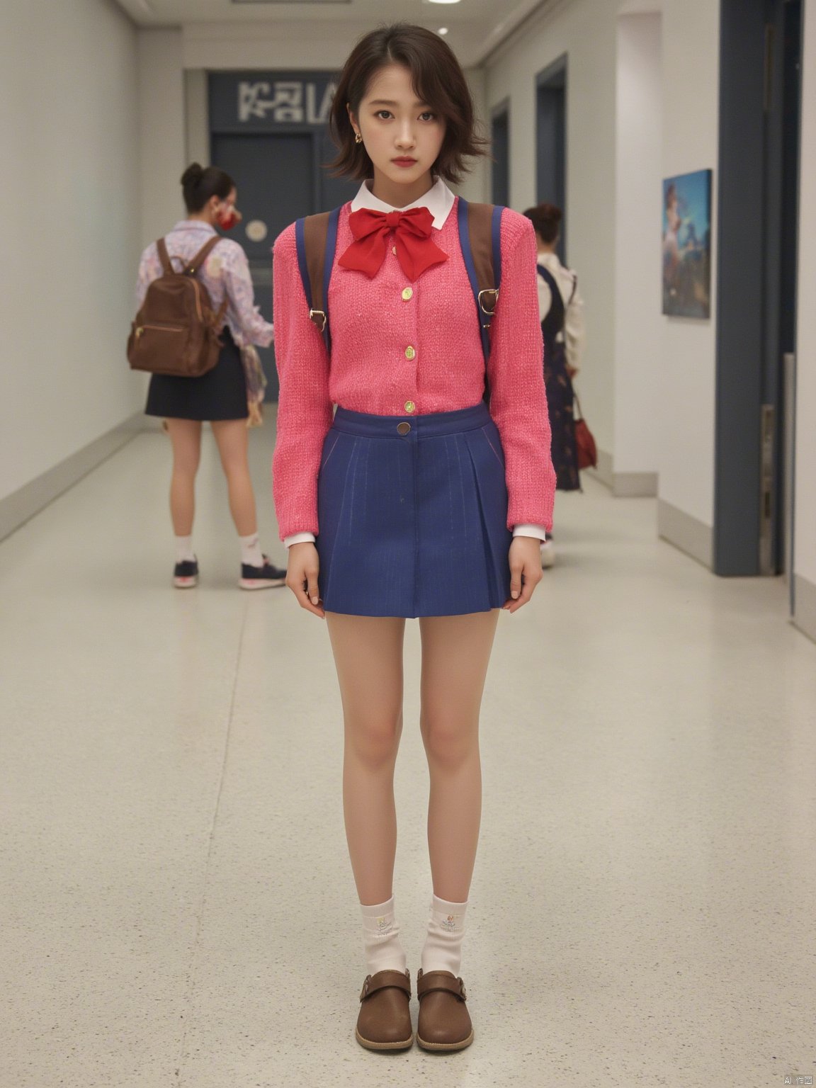 A fierce warrior stands indoors, dressed in a bold outfit. A blue pleated miniskirt hugs her hips, paired with white socks and loose brown footwear. Her short brown hair falls between her eyes, framing a closed mouth and piercing red eyes. A pink sweater covers long sleeves, adorned with jewelry and glowing tattoos. A red bowtie and matching red bow on her backpack add pops of color. One foot is up, the other out of frame, as she assumes a fighting stance, hands open and ready to strike. Her brown hair and red attire seem to glow in the indoor lighting, drawing attention to her unyielding gaze directed straight at the viewer.

