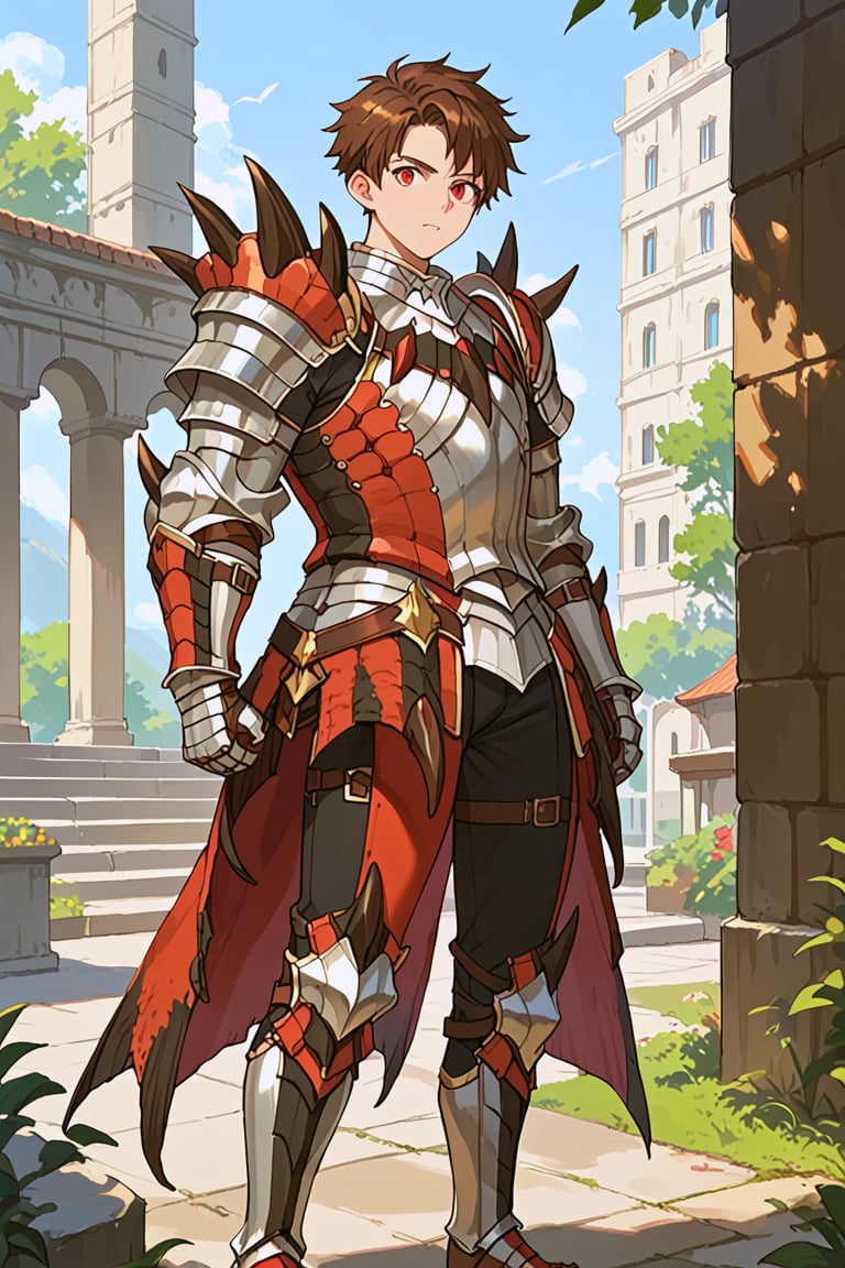 score_9, score_8_up, score_7_up, source_anime, 1boy, solo, brown hair, red eyes, short hair, armor, rathalos armor, spikes, gauntlets, standing, outside