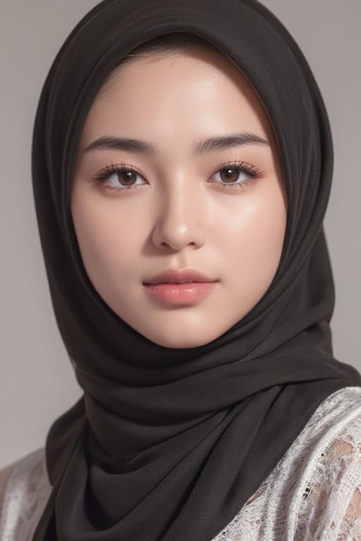 Extremely close up portrait of a young Malay woman with long hijab cover chest. Her eyes are a piercing hazel eyes, and her eyebrows are a darker shade of brown. Her lips are a lighter shade of pink, and she is wearing a light pink lipstick. adding a touch of color to her face. The background is blurred, L1LY