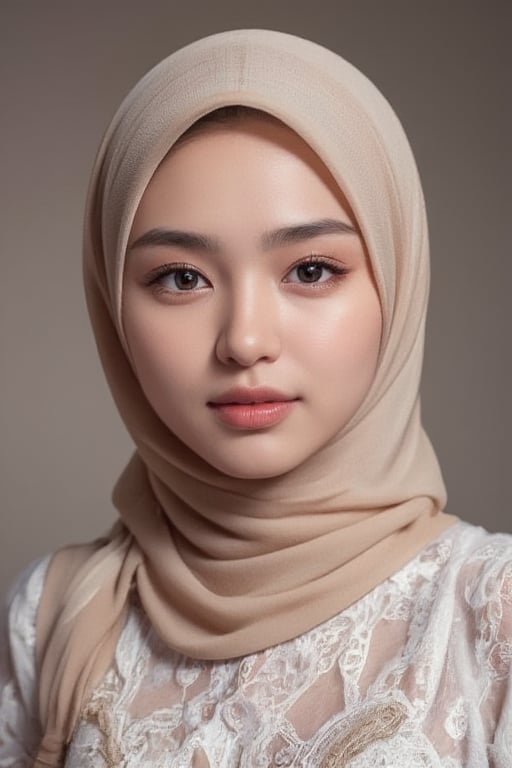 Extremely close up portrait of a young Malay woman with long hijab cover chest. Her eyes are a piercing hazel eyes, and her eyebrows are a darker shade of brown. Her lips are a lighter shade of pink, and she is wearing a light pink lipstick. adding a touch of color to her face. The background is blurred, L1LY