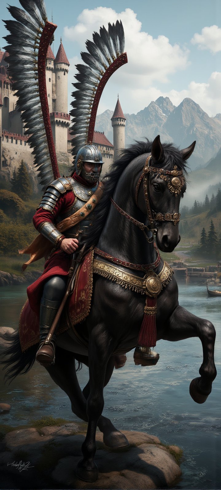 wingedhussarflux style Polish Winged Hussar sitting on a rearing black horse. river and castle in the background