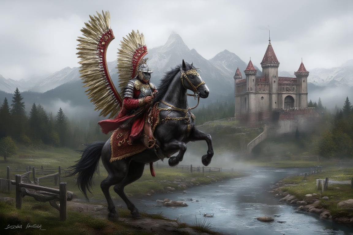 wingedhussarflux style Polish Winged Hussar mounted on a rearing black horse. river and castle in the background