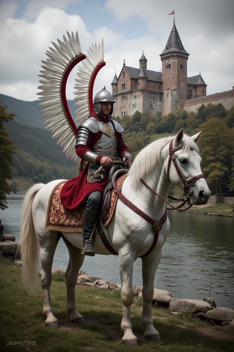 wingedhussarflux style Polish Winged Hussar sitting on a white horse. river and castle in the background