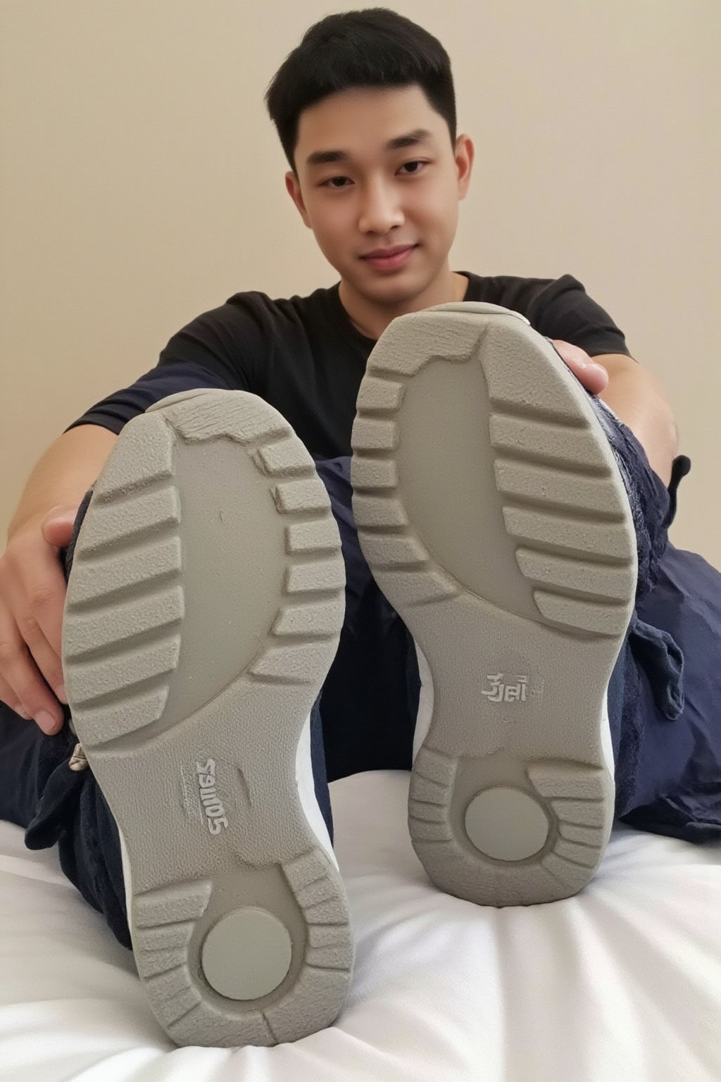 An asian man seated wearing asics sneakers, smiling with dimples and looking at the viewer and facing the viewer. His feet and asics sneakers appear prominently in the foreground, focused on the soles of his shoes. The sneakers indent the sheets of the bed his is sitting on, and the soles are slightly dirty, indicating he has been wearing them outdoors and probably should not have them on our bed. 