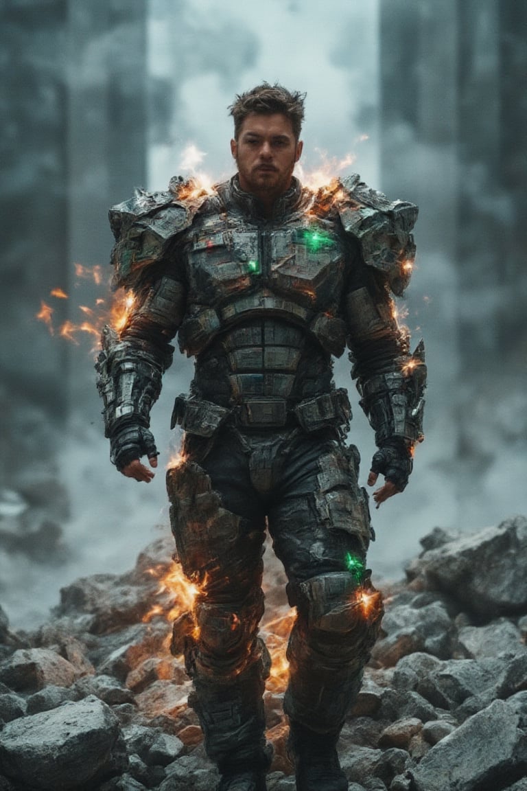 An imposing, masculine figure emerges from a scene of fractured rock formations and glowing embers, dressed in a fusion of high-tech hacker gear and ,bajukertas rugged, sci-fi armor. His robotic suit features cracked, newspaper-textured details, with neon-green displays and fractal circuitry glowing through the cracks, evoking a hacker aesthetic. The armor is a mix of vibrant orange and deep metallic tones, enhanced by dramatic, high-contrast lighting that illuminates his intense expression and the fractured surfaces. Surrounding him, the air is filled with cosmic mist and swirling nebula threads, blending superhero energy with the gritty reality of an apocalyptic setting. The atmosphere is surreal, intense, and otherworldly, as if he stands as both a savior and a digital warrior in a collapsing, futuristic world.,RAW