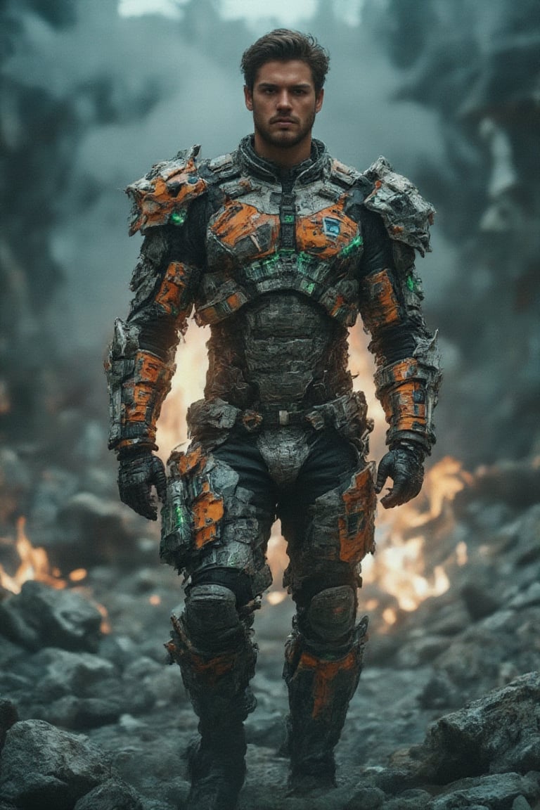 An imposing, masculine figure emerges from a scene of fractured rock formations and glowing embers, dressed in a fusion of high-tech hacker gear and ,bajukertas rugged, sci-fi armor. His robotic suit features cracked, newspaper-textured details, with neon-green displays and fractal circuitry glowing through the cracks, evoking a hacker aesthetic. The armor is a mix of vibrant orange and deep metallic tones, enhanced by dramatic, high-contrast lighting that illuminates his intense expression and the fractured surfaces. Surrounding him, the air is filled with cosmic mist and swirling nebula threads, blending superhero energy with the gritty reality of an apocalyptic setting. The atmosphere is surreal, intense, and otherworldly, as if he stands as both a savior and a digital warrior in a collapsing, futuristic world.,RAW