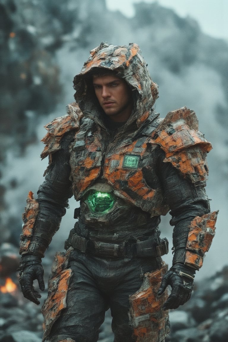 An imposing, masculine figure emerges from a scene of fractured rock formations and glowing embers, dressed in a fusion of high-tech hacker gear and ,bajukertas rugged, sci-fi armor. His robotic suit features cracked, newspaper-textured details, with neon-green displays and fractal circuitry glowing through the cracks, evoking a hacker aesthetic. The armor is a mix of vibrant orange and deep metallic tones, enhanced by dramatic, high-contrast lighting that illuminates his intense expression and the fractured surfaces. Surrounding him, the air is filled with cosmic mist and swirling nebula threads, blending superhero energy with the gritty reality of an apocalyptic setting. The atmosphere is surreal, intense, and otherworldly, as if he stands as both a savior and a digital warrior in a collapsing, futuristic world.,RAW