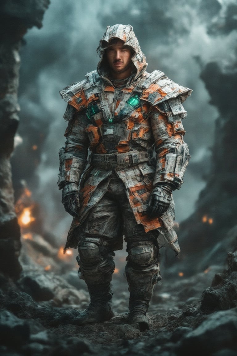 An imposing, masculine figure emerges from a scene of fractured rock formations and glowing embers, dressed in a fusion of high-tech hacker gear and ,bajukertas rugged, sci-fi armor. His robotic suit features cracked, newspaper-textured details, with neon-green displays and fractal circuitry glowing through the cracks, evoking a hacker aesthetic. The armor is a mix of vibrant orange and deep metallic tones, enhanced by dramatic, high-contrast lighting that illuminates his intense expression and the fractured surfaces. Surrounding him, the air is filled with cosmic mist and swirling nebula threads, blending superhero energy with the gritty reality of an apocalyptic setting. The atmosphere is surreal, intense, and otherworldly, as if he stands as both a savior and a digital warrior in a collapsing, futuristic world.,RAW