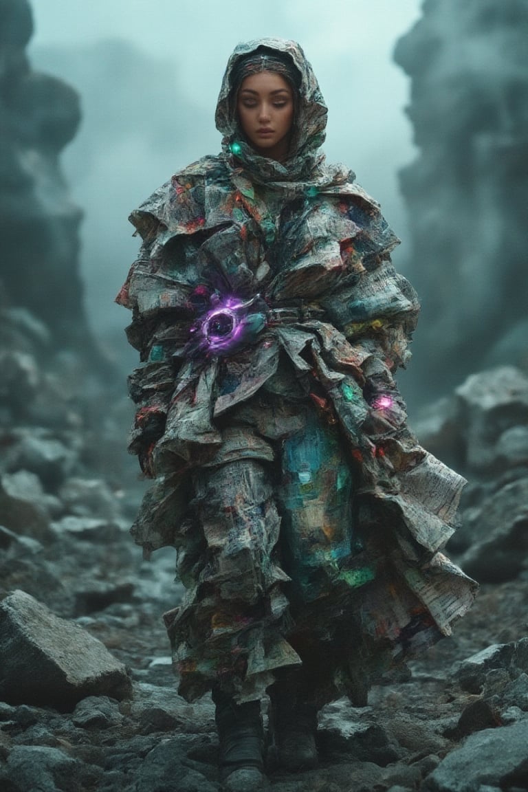 A powerful female figure with a hijab, adorned in sleek, high-tech hacker gear fused with bajukertas rugged sci-fi armor, stands in an apocalyptic landscape of fractured rocks and swirling cosmic mist. Her hijab, intricately detailed with glowing circuitry and cosmic threads, flows elegantly as she radiates a superheroic presence. Vibrant neon greens and deep metallic blues reflect off her armor, which features cracked, newspaper-like textures and luminous, fractal designs. The intense, high-contrast lighting highlights her determined expression, casting vibrant glows against the smoldering background. She embodies strength, grace, and technological prowess, appearing as a digital warrior in a world of chaos, with a surreal and otherworldly atmosphere.,RAW,