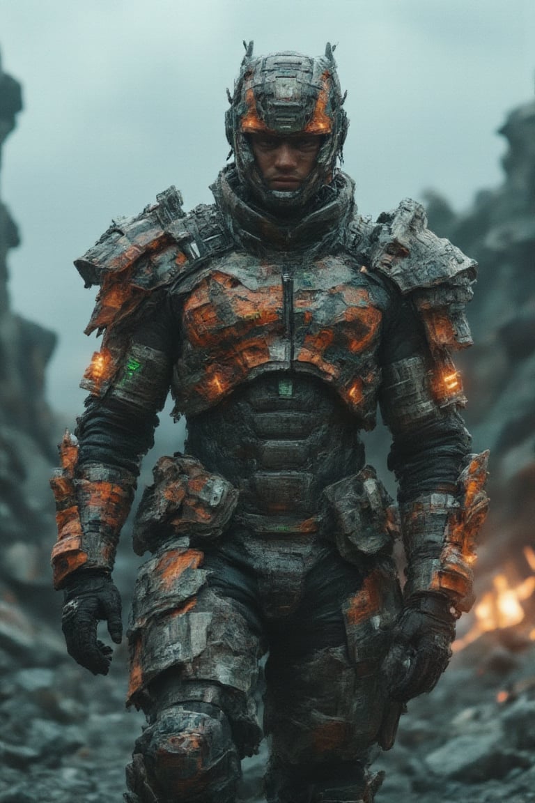 An imposing, masculine figure emerges from a scene of fractured rock formations and glowing embers, dressed in a fusion of high-tech hacker gear and ,bajukertas rugged, sci-fi armor. His robotic suit features cracked, newspaper-textured details, with neon-green displays and fractal circuitry glowing through the cracks, evoking a hacker aesthetic. The armor is a mix of vibrant orange and deep metallic tones, enhanced by dramatic, high-contrast lighting that illuminates his intense expression and the fractured surfaces. Surrounding him, the air is filled with cosmic mist and swirling nebula threads, blending superhero energy with the gritty reality of an apocalyptic setting. The atmosphere is surreal, intense, and otherworldly, as if he stands as both a savior and a digital warrior in a collapsing, futuristic world.,RAW