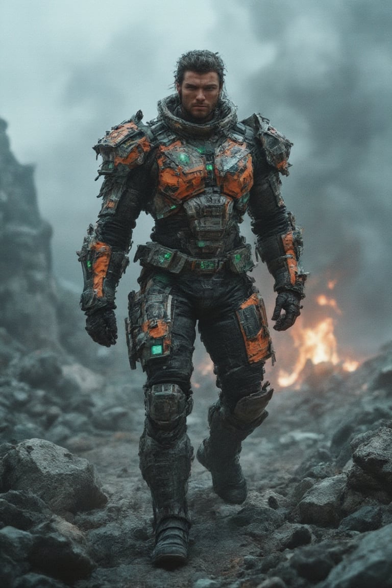 An imposing, masculine figure emerges from a scene of fractured rock formations and glowing embers, dressed in a fusion of high-tech hacker gear and ,bajukertas rugged, sci-fi armor. His robotic suit features cracked, newspaper-textured details, with neon-green displays and fractal circuitry glowing through the cracks, evoking a hacker aesthetic. The armor is a mix of vibrant orange and deep metallic tones, enhanced by dramatic, high-contrast lighting that illuminates his intense expression and the fractured surfaces. Surrounding him, the air is filled with cosmic mist and swirling nebula threads, blending superhero energy with the gritty reality of an apocalyptic setting. The atmosphere is surreal, intense, and otherworldly, as if he stands as both a savior and a digital warrior in a collapsing, futuristic world.,RAW