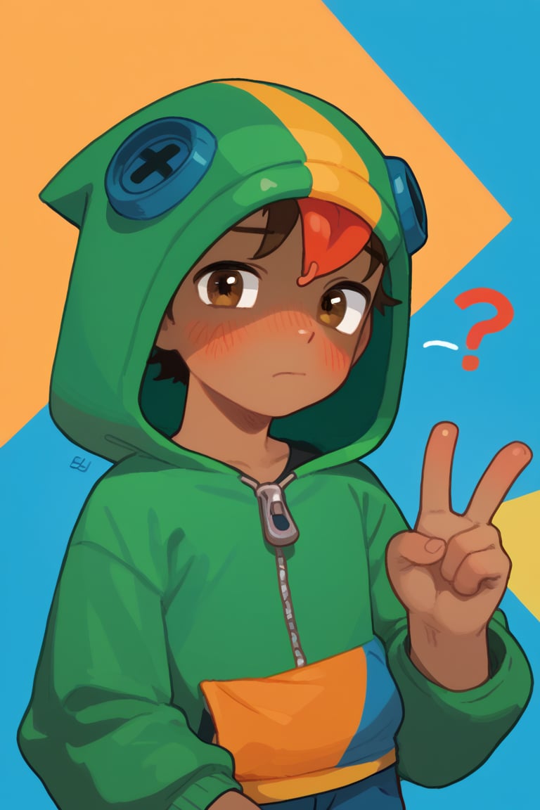 Score_9, Score_8_up, Score_7_up , 1boy ,bsln, solo, male focus, dark skin, dark skin male ,brown hair ,  shaded face, hood, green hoodie,blue shorts ,  zipper, upper body , mile , looking at viewer ,v ,blush , confused , nervous