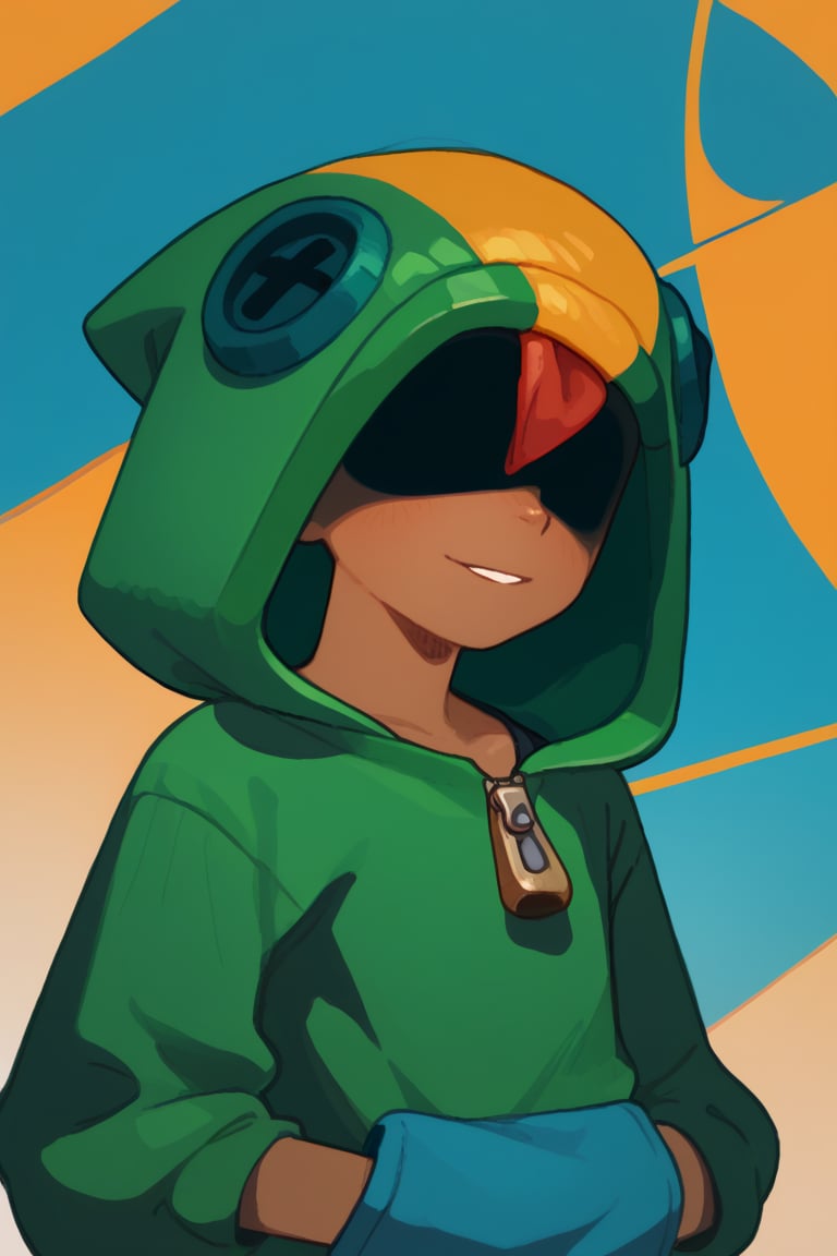 Score_9, Score_8_up, Score_7_up , boy ,bsln, solo, male focus, dark skin, dark skin male , shaded face, no eyes visible, hood, green hoodie, zipper, upper body , mile , looking at viewer ,v ,