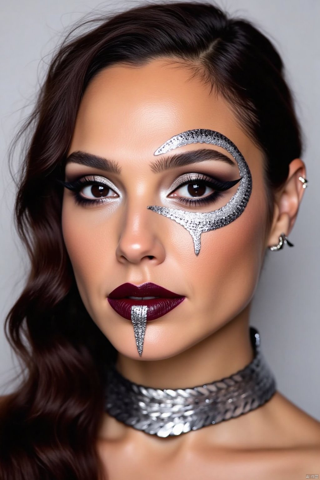 OBwans,Halloween makeup,Highly detailed face,OBbllai,
This is a high-resolution photograph of a young woman with a striking, avant-garde makeup look. She has light skin with a smooth complexion, and her face is adorned with elaborate, dramatic makeup. Her eyes are accentuated with thick, black winged eyeliner, and her eyelashes are long and curled. She wears a glittery, silver eyeshadow that extends from her temples to her eyebrows, creating a dramatic, metallic effect. Her eyebrows are well-groomed and defined. Her lips are painted a deep, matte burgundy color, and she has a small, black snake-like design on her lower lip.
Her hair is long and dark brown, slightly disheveled, with some strands falling over her forehead. She wears a silver, snake-like choker around her neck, which matches the metallic theme of her makeup. The background is plain and neutral, focusing all attention on her face and makeup. The image has a high level of detail, capturing the texture of her skin, the shine of her makeup, and the intricate design of her accessories. The overall style of the makeup is bold, edgy, and artistic, emphasizing a futuristic, gothic aesthetic.,Gal Gadot