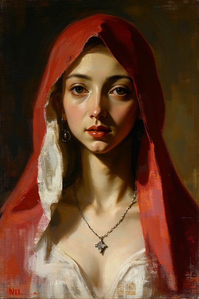 "(masterpiece, ultra-high resolution, sharp focus on the face, crystal clear facial details, vivid facial textures, high clarity around facial features, defined edges on the face, ultra-sharp textures on the skin, subsurface scattering on the face, while the background and other elements remain softly blurred and less defined)", "Create a dramatic, richly detailed painting in the Baroque style, depicting a young woman with a long, red hair covering illuminated by bold, directional lighting. She is dressed in an opulent white gown, with luxurious fabric draped in deep, voluminous folds that catch the light and emphasize texture and form. She is wearing simple jewelry, such as earrings and necklace. The lighting is intense, casting deep shadows and sharp highlights that sculpt her features, creating a dramatic chiaroscuro effect typical of the Baroque period. The background is richly textured and atmospheric, fading into shadow to further highlight the subject’s radiant presence. Her expression is poised yet expressive, conveying a sense of both grace and intensity. The overall composition is grand and theatrical, filled with movement and contrast, capturing the Baroque fascination with drama, emotion, and the interplay of light and shadow. The scene evokes a sense of timeless elegance and dramatic beauty, blending rich textures and vibrant contrasts to create a visually powerful work."