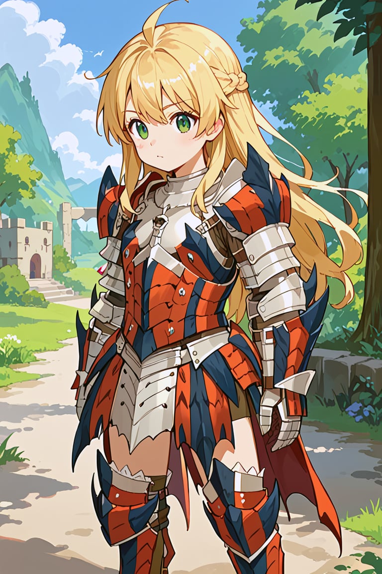 score_9, score_8_up, score_7_up, source_anime, 1girl, solo, long hair, blonde hair, green eyes, cute, kawaii, armor, rathalos armor, gauntlets, miniskirt, standing, outside