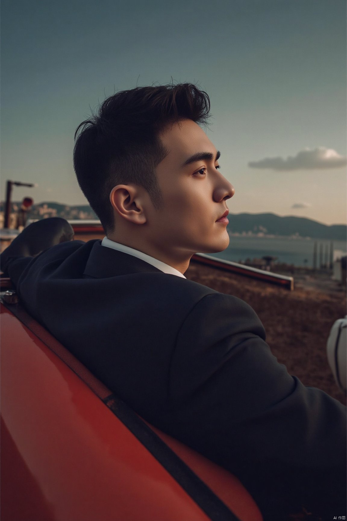 jzns,1man,exquisite facial features,handsome,solo,asian,handsome, car,looking back,romantic realism, atmospheric, perfect background, magnificent,masterpiece,realistic,best quality,highly detailed,wjc