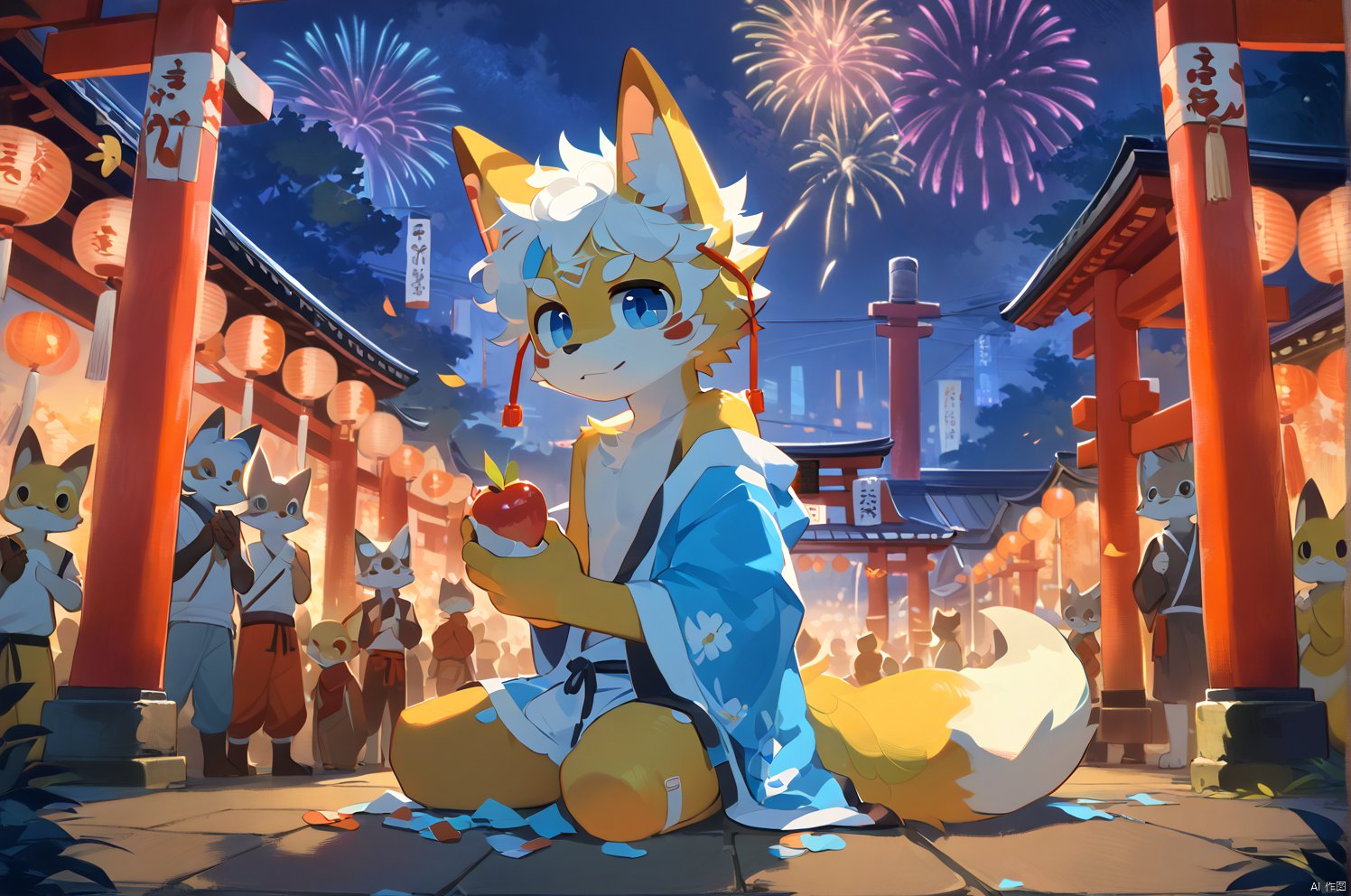 A boy with a fox mask on his forehead and a collarbone-length haircut with messy curls dons cat ears, his red and blue eyes gleaming amidst thick eyebrows. A scar adorns his nose as he gazes upwards, doggy eyes locked onto the night sky filled with fireworks. His orange scrubbed white hair flows in the gentle breeze, exposing his right shoulder as he stands barefoot near a torii gate at a lively festival. In one hand, he holds a handheld apple candy, while the other weaves feathers for a shrine. A bandaid wraps around his leg, and a bichu tail hangs down behind him. The cityscape sprawls out in the distance, illuminated by the vibrant lights of the festival.