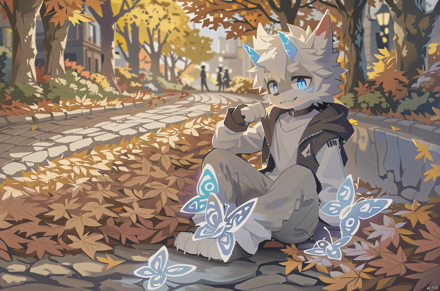 Depth of field,bright outline,1boy, solo,dragon boy,slit pupils,blue pupils,glowing eyes,horns,short hair, floating hair, white hair, dragon tail, shiny butterfly, glowing butterfly, soft lawn, warm colors, Tyndall effect, Tyndall light, white long shirt, black sleeveless jacket, orange transparent sleeves, transparent Ceiling, fallen leaves, maple leaves, autumn, between two rows of trees there is a road filled with fallen leaves, in the middle of the road there is a beam of light shining on a sword stuck in the ground, ancient, shorts, Transparent wings,Leather gloves, sharp teeth, clear glass strips, ancient wooden swords engraved with golden runes, foot socks, light gray foot socks, the bottom of the foot socks fades to black,source-furry,Choker ,upside-down