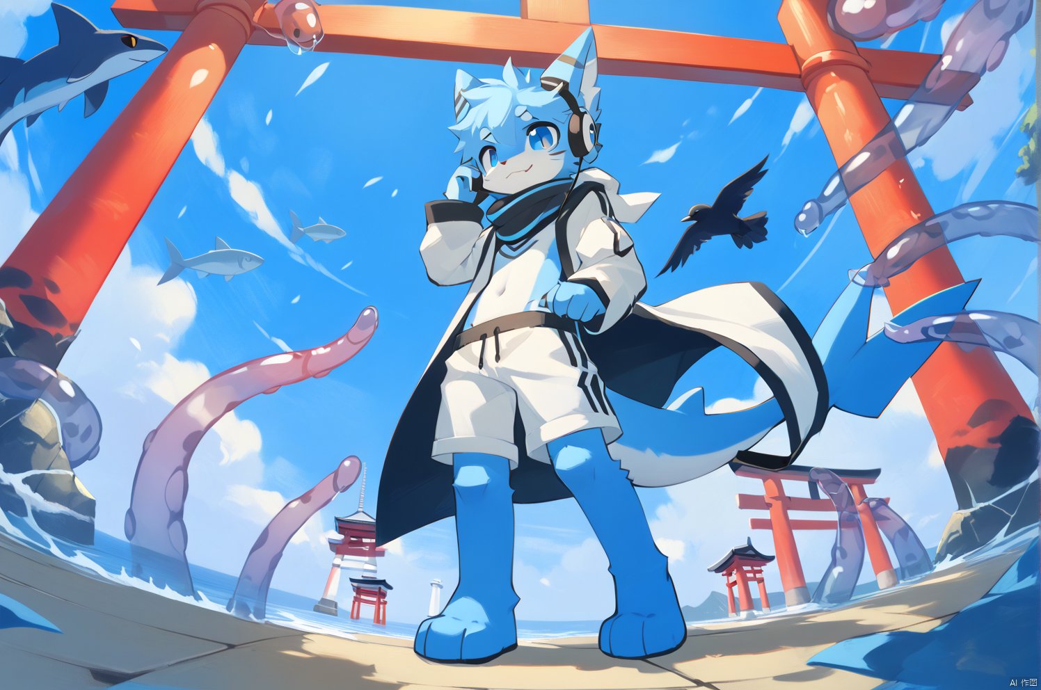 score_9,score_8_up,score_7_up,score_6_up,score_5_up,blue cat ears young boy,solo,blue tail,blue pupils,blue hair,shark tail,source-furry,bare foot,bandages_full body,headphones around neck,midriff,long_coat,light colored shorts,(Translucent) tentacles,source-furry,bichu,Fish eye perspective,tori,A huge torii,multiple tori,crow,Crow feathers fluttering in the air,tentacles,sea,calm and tranquil,Standing on the sea surface