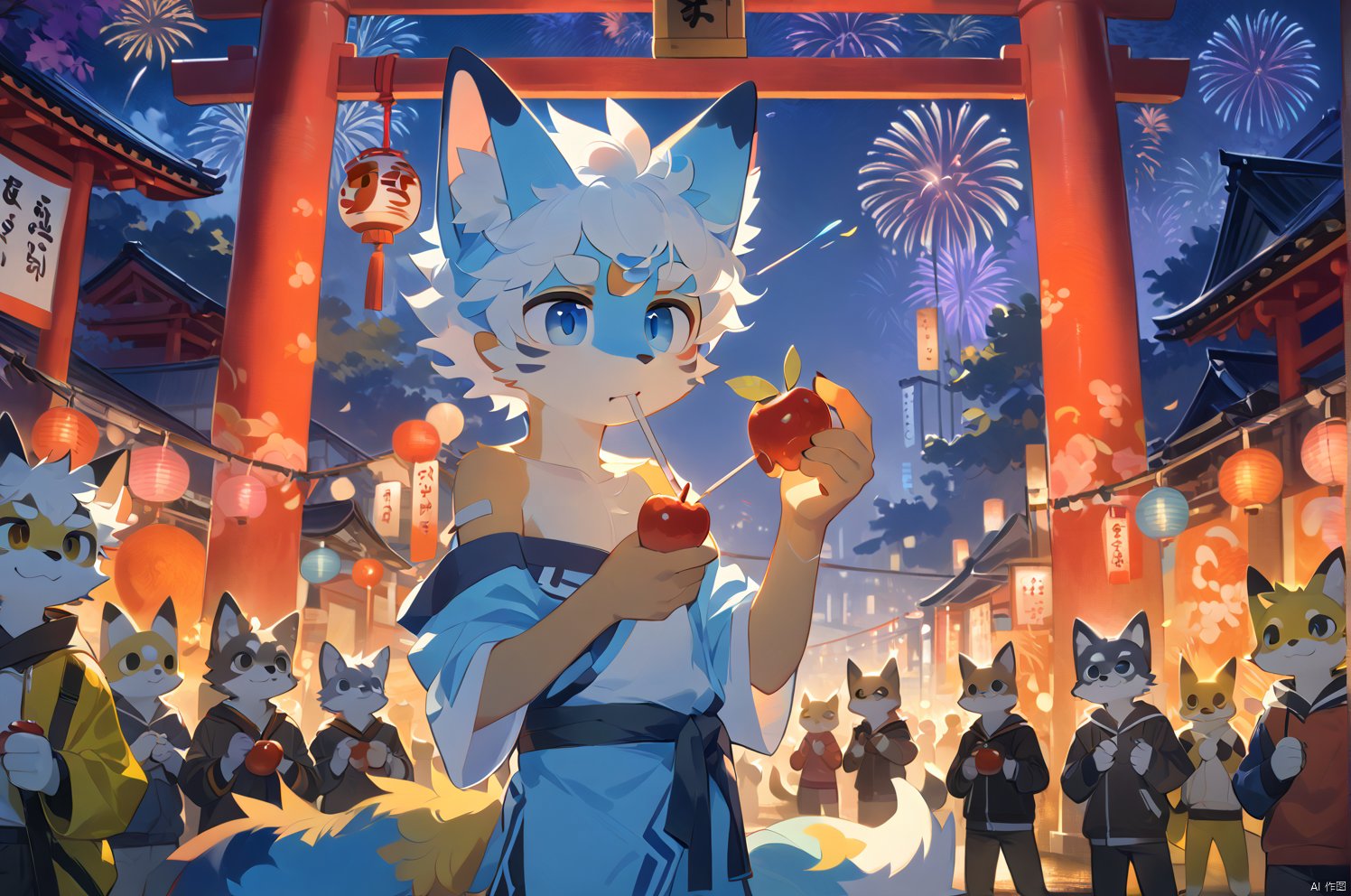 A boy with a fox mask on his forehead and a collarbone-length haircut with messy curls dons cat ears, his red and blue eyes gleaming amidst thick eyebrows. A scar adorns his nose as he gazes upwards, doggy eyes locked onto the night sky filled with fireworks. His orange scrubbed white hair flows in the gentle breeze, exposing his right shoulder as he stands barefoot near a torii gate at a lively festival. In one hand, he holds a handheld apple candy, while the other weaves feathers for a shrine. A bandaid wraps around his leg, and a bichu tail hangs down behind him. The cityscape sprawls out in the distance, illuminated by the vibrant lights of the festival.