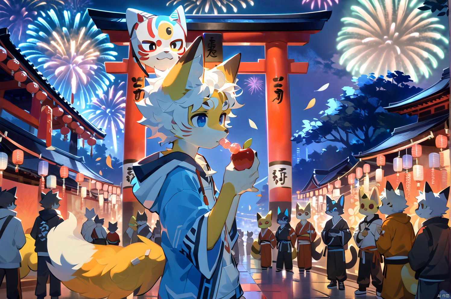 A boy with a fox mask on his forehead and a collarbone-length haircut with messy curls dons cat ears, his red and blue eyes gleaming amidst thick eyebrows. A scar adorns his nose as he gazes upwards, doggy eyes locked onto the night sky filled with fireworks. His orange scrubbed white hair flows in the gentle breeze, exposing his right shoulder as he stands barefoot near a torii gate at a lively festival. In one hand, he holds a handheld apple candy, while the other weaves feathers for a shrine. A bandaid wraps around his leg, and a bichu tail hangs down behind him. The cityscape sprawls out in the distance, illuminated by the vibrant lights of the festival.