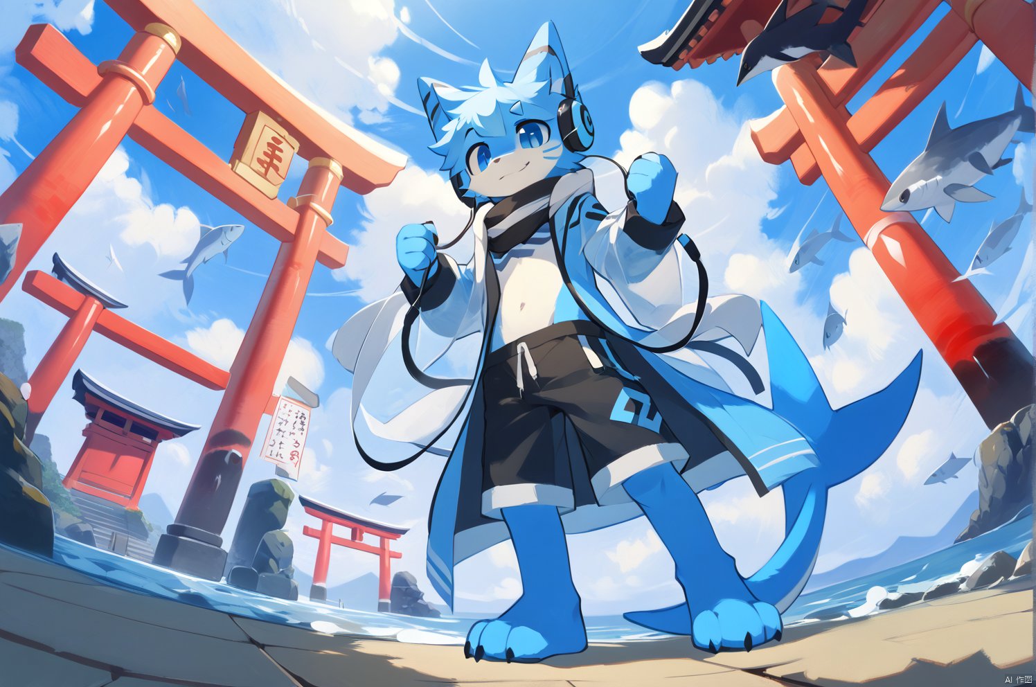 score_9,score_8_up,score_7_up,score_6_up,score_5_up,blue cat ears young boy,solo,blue tail,blue pupils,blue hair,shark tail,source-furry,bare foot,bandages_full body,headphones around neck,midriff,long_coat,light colored shorts,(Translucent) tentacles,source-furry,bichu,Fish eye perspective,tori,A huge torii,multiple tori,crow,Crow feathers fluttering in the air,sea,calm and tranquil,Standing on the sea surface