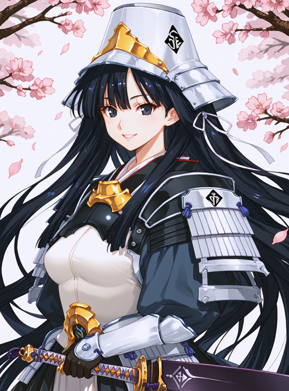 score_9, score_8_up, score_7_up, source_anime, (perfect anatomy:1.4), beautiful skin,
,//characters, 
1girl, solo, uesugikenshin_sengoku, long hair, black hair, black eyes, helmet, gloves, sode, japanese armor, katana, samurai, kusazuri,
,//situation
white background, cherry_blossom
,//Pose

,//pose, Posing With devil , solo, smiling. (4_fingers and 1thumb on hand), (correct number of fingers), (beautiful hands), perfect anatomy,