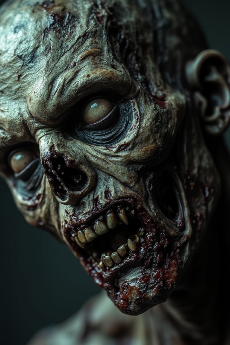 A close-up shot of a zombie's face, its skin decaying and torn, revealing bone and muscle underneath. The zombie's eyes are hollow and lifeless, with a haunting, vacant expression. The lighting is harsh, with sharp contrasts highlighting the decay and horror. The composition is tight, focusing intensely on the grotesque features, with the background blurred to draw all attention to the face. The overall atmosphere is eerie and unsettling.