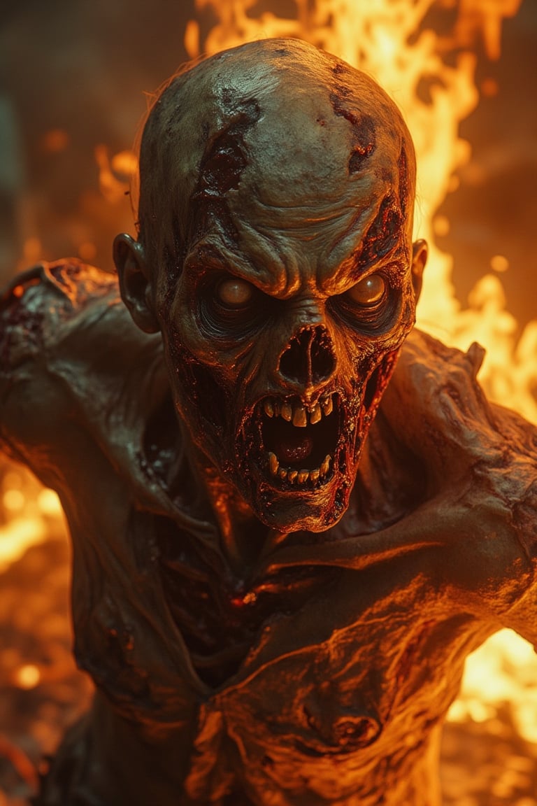 A close-up shot of a zombie, its decaying body engulfed in flames, with tattered clothing and exposed bones visible. The zombie's face is contorted in agony, with hollow, lifeless eyes. The lighting is intense, with the fire casting flickering shadows and a fiery glow. The composition is tight, focusing intensely on the zombie's burning form, creating a sense of horror and desperation. The overall atmosphere is chaotic and terrifying.