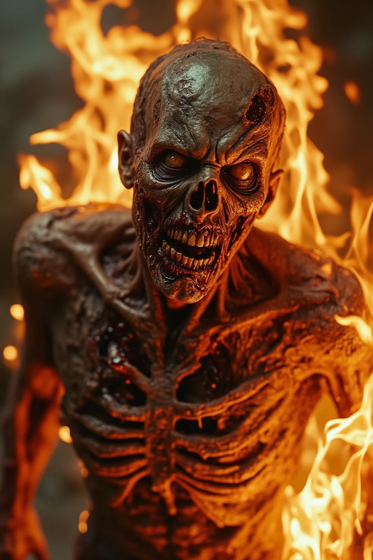 A close-up shot of a zombie, its decaying body engulfed in flames, with tattered clothing and exposed bones visible. The zombie's face is contorted in agony, with hollow, lifeless eyes. The lighting is intense, with the fire casting flickering shadows and a fiery glow. The composition is tight, focusing intensely on the zombie's burning form, creating a sense of horror and desperation. The overall atmosphere is chaotic and terrifying.