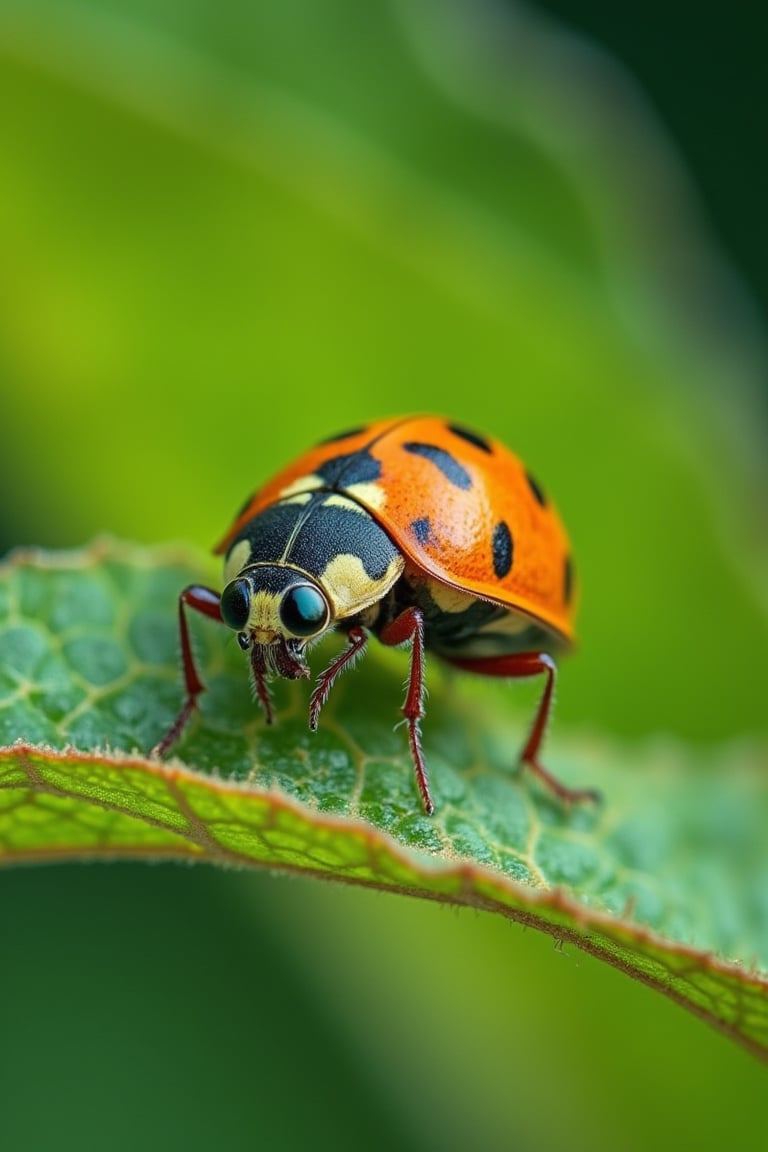 Macroscopic photography of a ladybug on a green leaf, shallow depth of field with a blurred background, sharp focus on the ladybug's intricate details, soft natural lighting, close-up shot, ladybug in a relaxed pose, leaf veins visible, outdoor setting, vibrant colors, high detail, realistic texture.